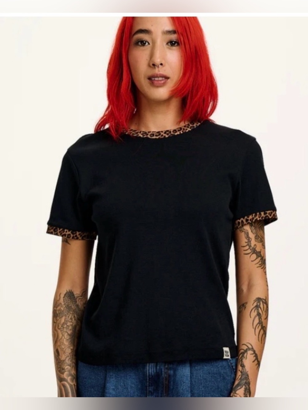 Lucy & Yak Maya Cotton Tee in Black with Leopard Print Trim Medium